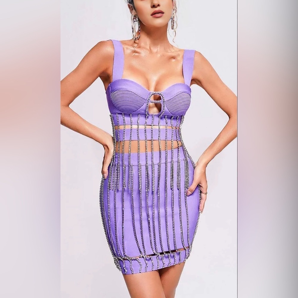 New Lavender Purple Bandage Strappy Cascading Rhinestone Fringe Matching Set XS